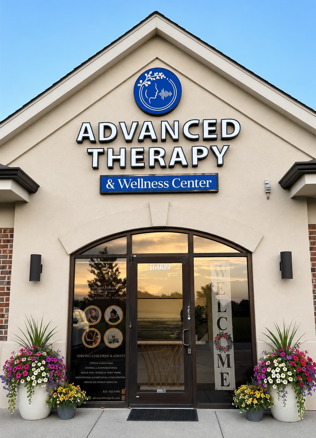 The entrance of Advanced Therapy & Wellness Center at 16009 Executive Dr. in Crest Hill, Illinois