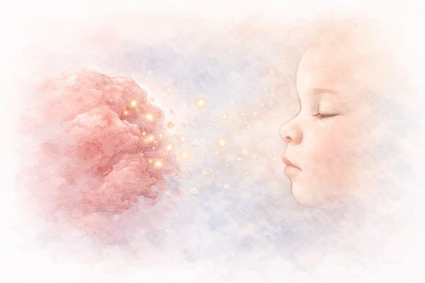 Watercolor illustration of a sleeping baby's profile with soft golden sparkles
