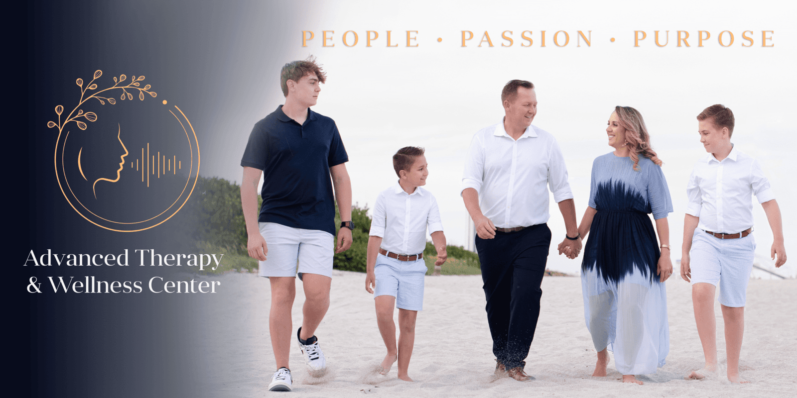 The Stoch family walking on the beach, with the Advanced Therapy & Wellness Center logo and the words People, Passion, Purpose