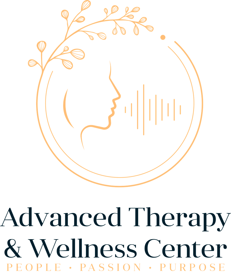 Advanced Therapy & Wellness Center logo: a face in profile with a sound wave, encircled by a botanical wreath