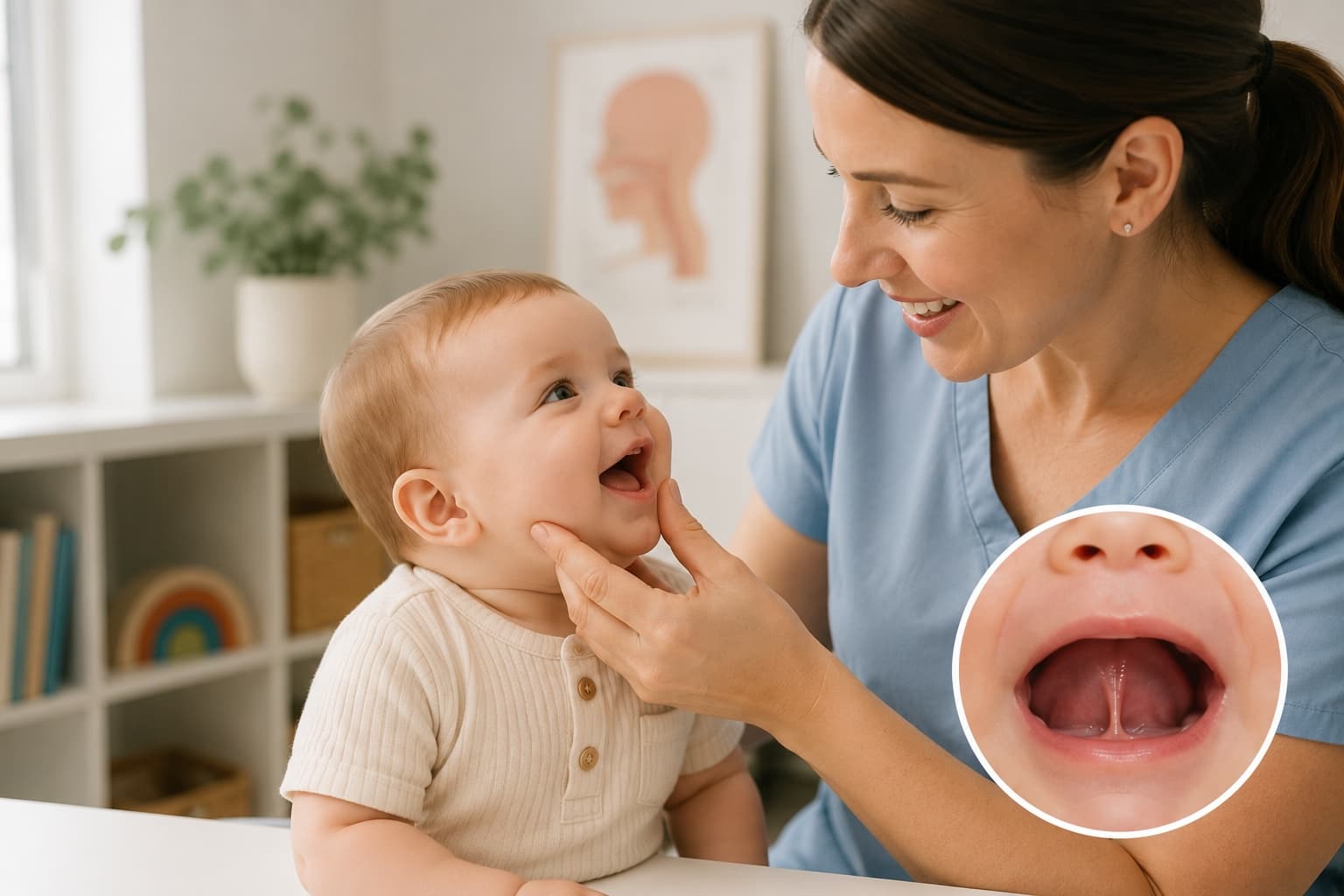 Clinician assessing a smiling baby, with a close-up inset showing a tongue tie under the tongue